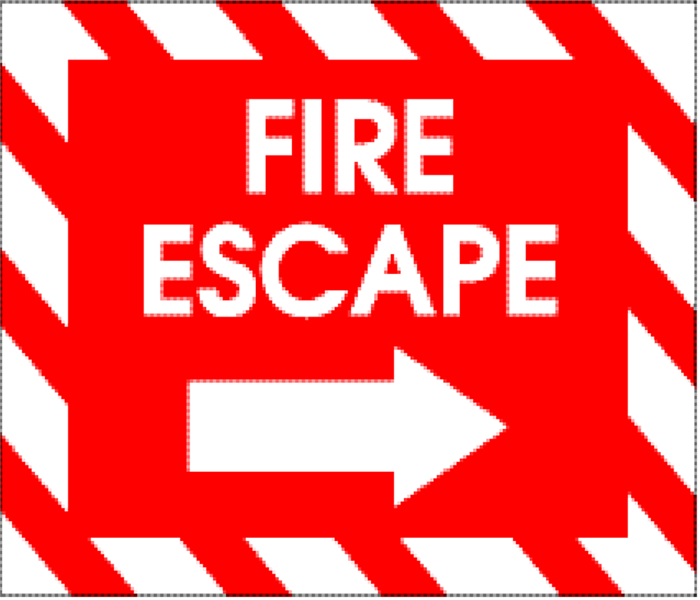Fire escape sign in red and white with a white arrow.