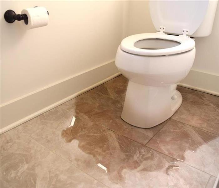 White toilet with water on the floor around the base on a brown tile floor.